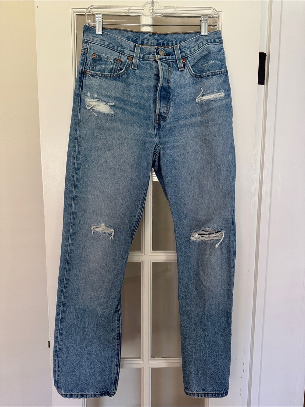 Levi's 501 Light Blue Distressed Straight Leg Women's Jeans